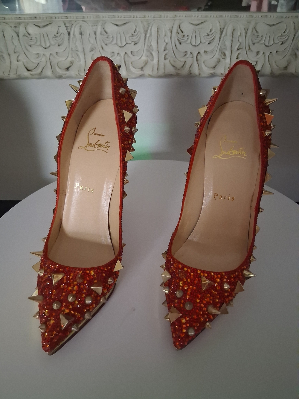Christian Louboutin Red Studded Pointed-Toe Stiletto Heels - Picture 13 of 16
